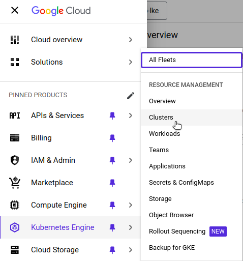 Google Cloud console showing the Kubernetes Engine clusters page.