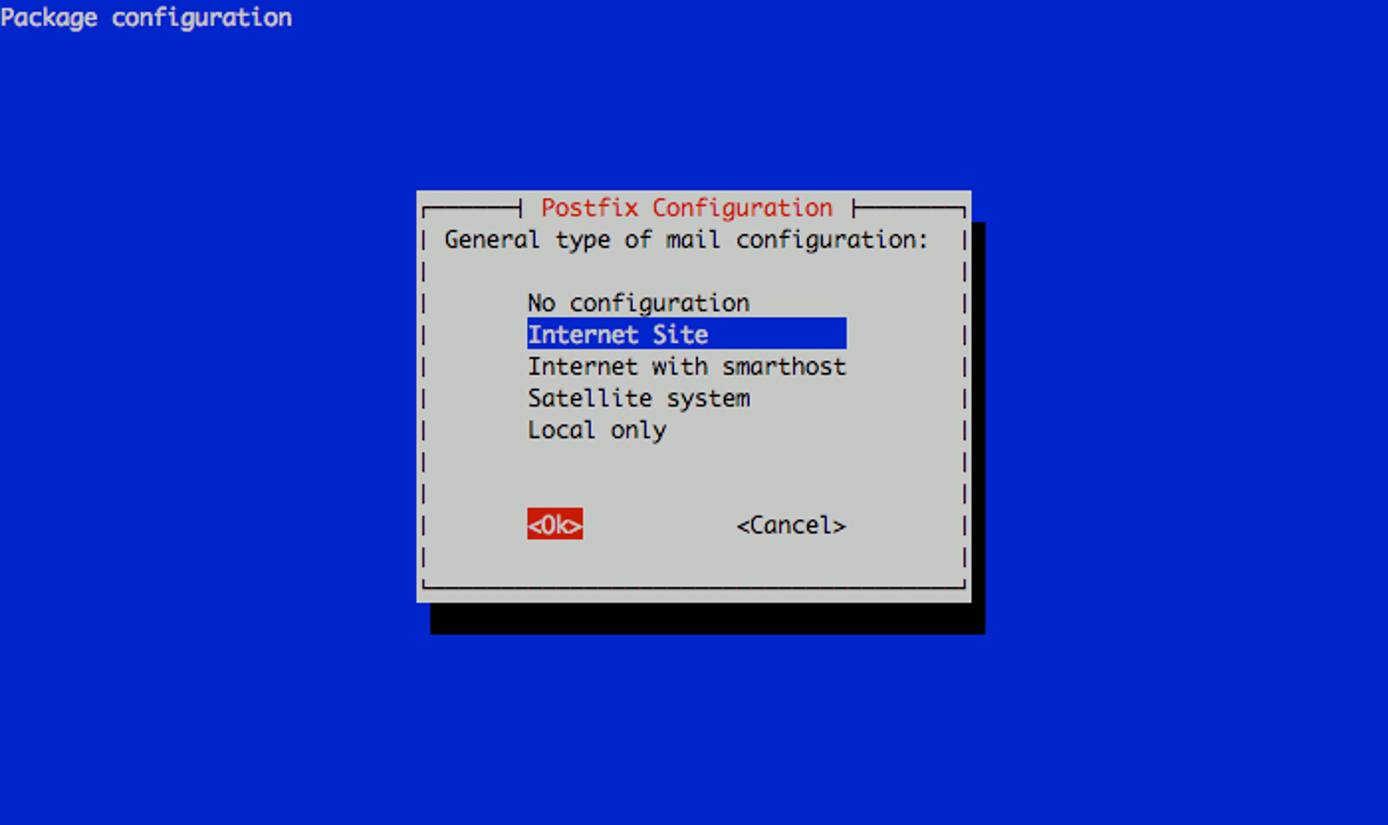 Selecting the Postfix mail server configuration type on a Ubuntu 10.10 (Maverick) system. Selecting the Postfix mail server configuration type on a Ubuntu 10.10 (Maverick) system.