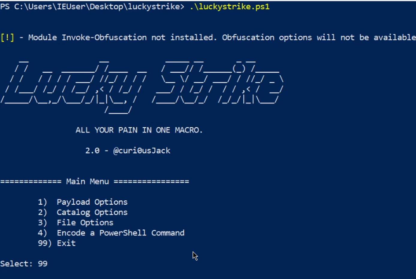 Luckystrike - first prompt shown in terminal Luckystrike - first prompt shown in terminal